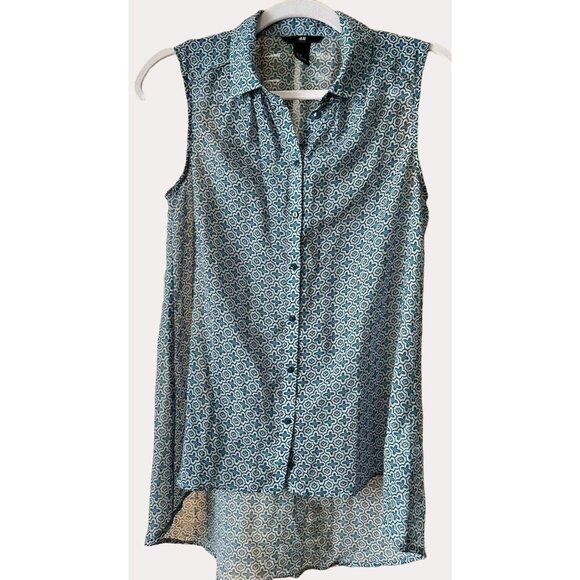 H&M Sheer High Low Button Front Sleeveless Collared Blouse Geo Print Blue 4 - Picture 1 of 4